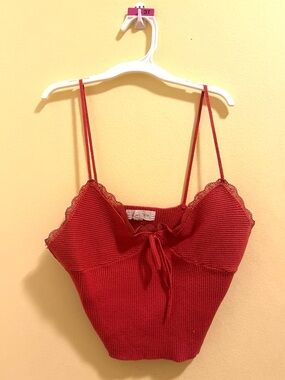 PacSun Red Ribbed Lace-Trim Tank Top